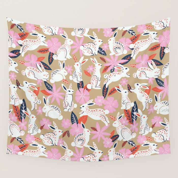 Bunnies & Blooms - Coral & Pink Wall Tapestry Gallery Image 4