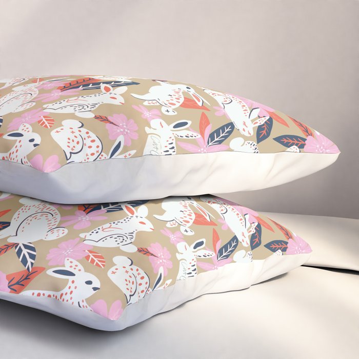 Bunnies & Blooms - Coral & Pink Pillow Sham Gallery Image 3