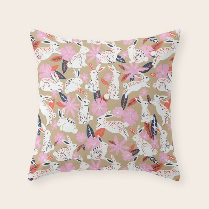 Bunnies & Blooms - Coral & Pink Throw Pillow Gallery Image 6