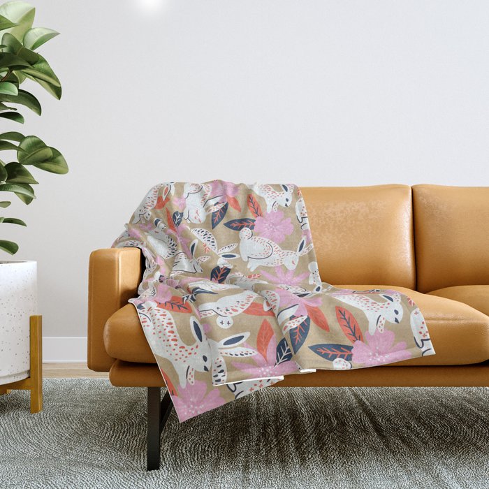 Bunnies & Blooms - Coral & Pink Throw Blanket Gallery Image 1