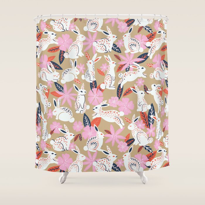 Bunnies & Blooms - Coral & Pink Shower Curtain Gallery Image 1