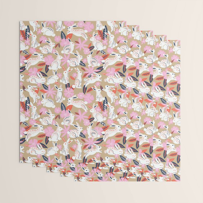 Bunnies & Blooms - Coral & Pink Wrapping Paper Gallery Image 3