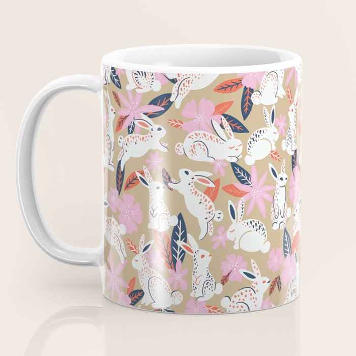 Bunnies & Blooms - Coral & Pink Coffee Mug Gallery Image 3