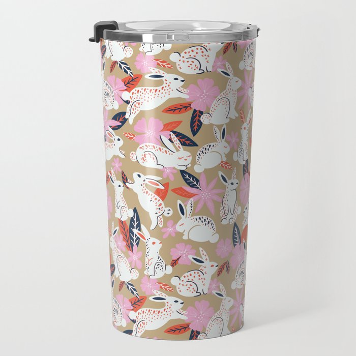 Bunnies & Blooms - Coral & Pink Travel Mug Gallery Image 3