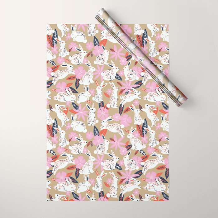 Bunnies & Blooms - Coral & Pink Wrapping Paper Gallery Image 1