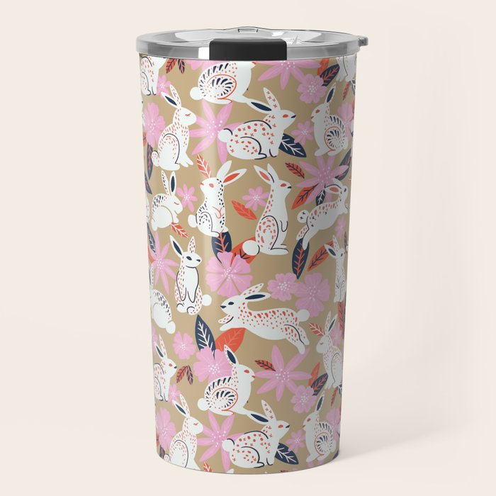 Bunnies & Blooms - Coral & Pink Travel Mug Gallery Image 1