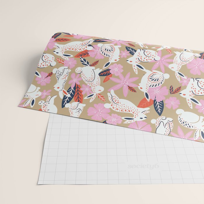 Bunnies & Blooms - Coral & Pink Wrapping Paper Gallery Image 2