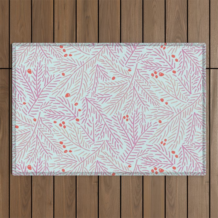 Winter Berries & Pine Branches in Teal & Pink Outdoor Rug Gallery Image 1
