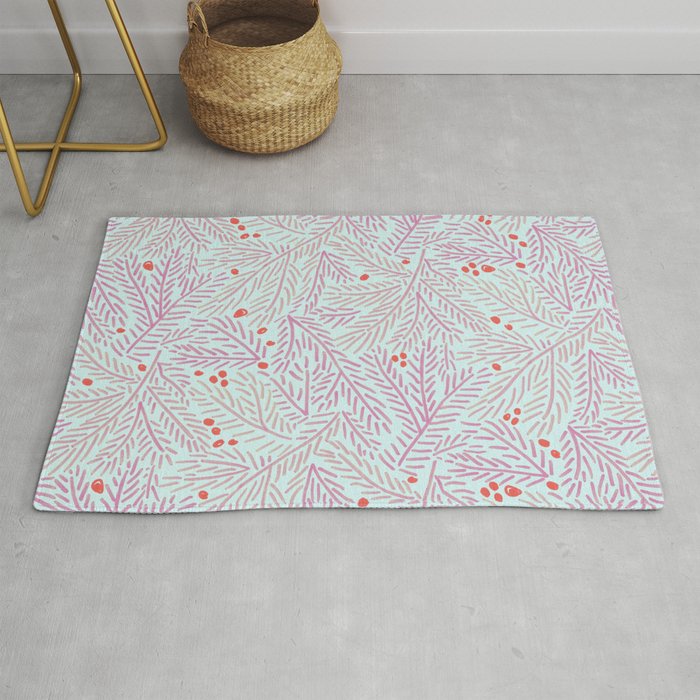 Winter Berries & Pine Branches in Teal & Pink Rug Gallery Image 1