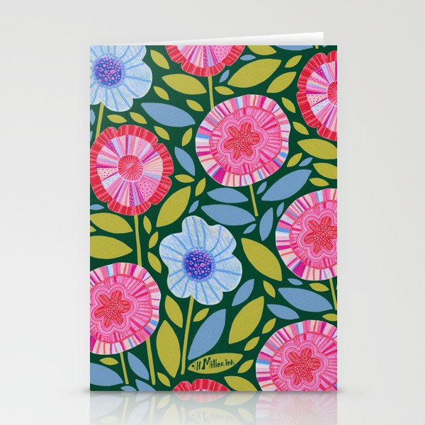 Folk Floral Blossoms in Forest Green Stationery Card Gallery Image 2