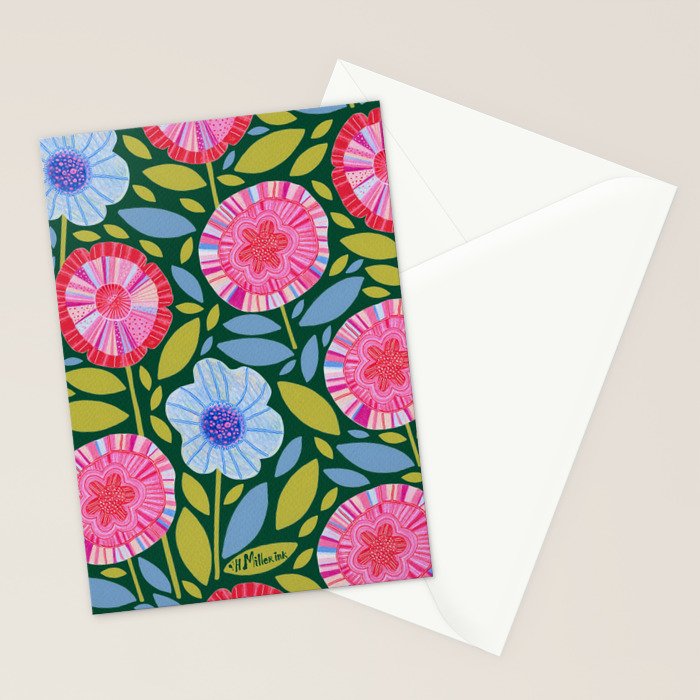 Folk Floral Blossoms in Forest Green Stationery Card Gallery Image 2