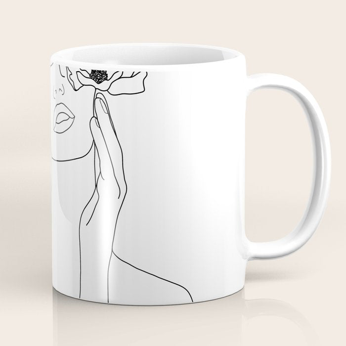 Minimal Line Art Woman with Flowers Coffee Mug Gallery Image 1