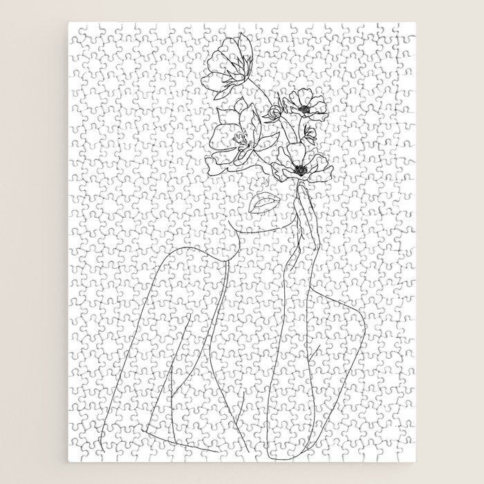 Minimal Line Art Woman with Flowers Jigsaw Puzzle Gallery Image 1