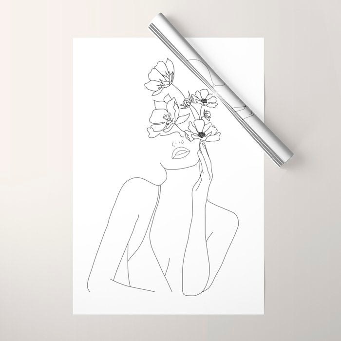 Minimal Line Art Woman with Flowers Wrapping Paper Gallery Image 1