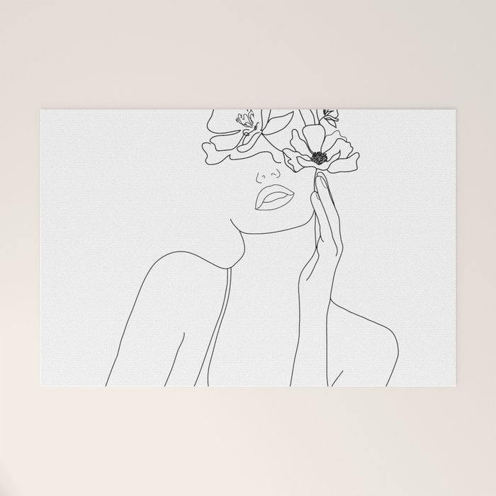 Minimal Line Art Woman with Flowers Welcome Mat Gallery Image 1