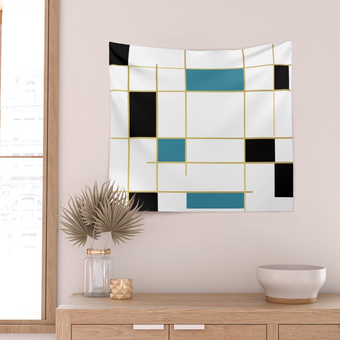 MidCentury Modern Art Aqua Gold Black Wall Tapestry Gallery Image 2