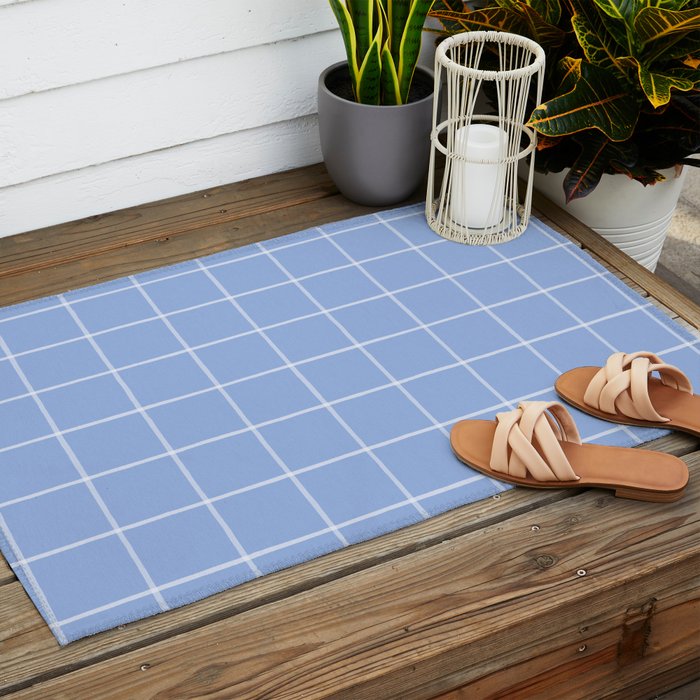 White On Light Blue Plaid Outdoor Rug Gallery Image 2