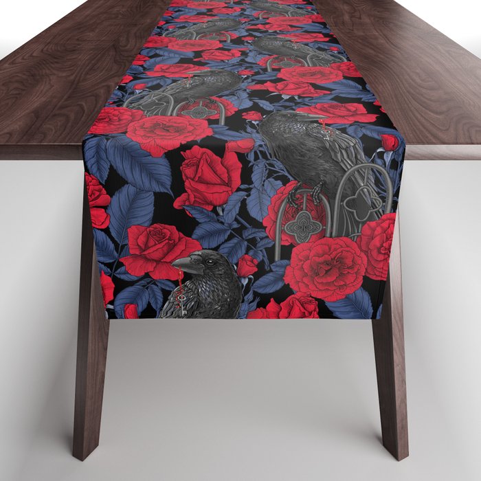 Ravens and red roses with blue leaves Table Runner Gallery Image 1