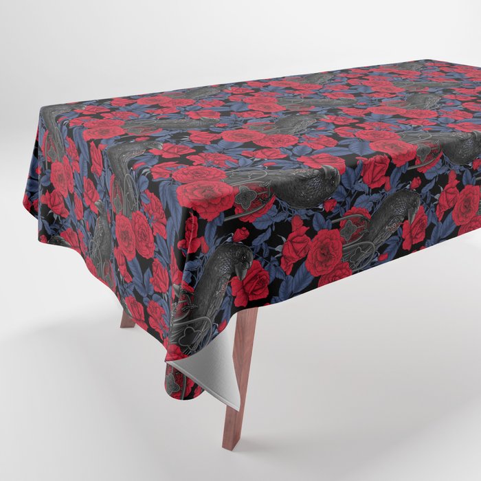 Ravens and red roses with blue leaves Tablecloth Gallery Image 1