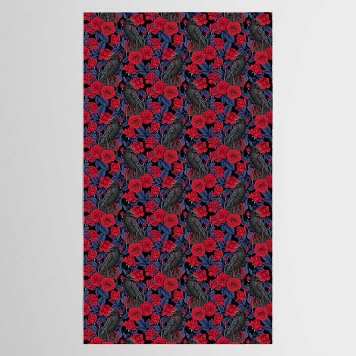 Ravens and red roses with blue leaves Tablecloth Gallery Image 2