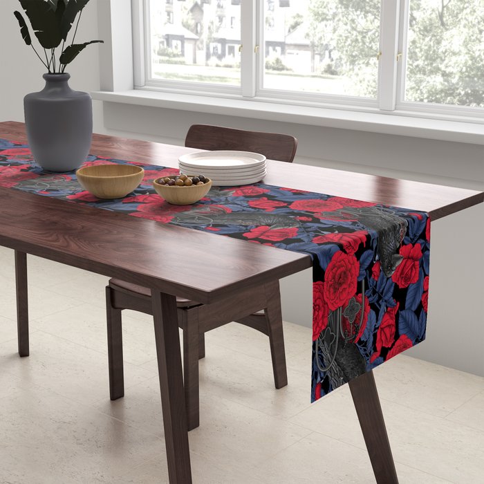 Ravens and red roses with blue leaves Table Runner Gallery Image 2