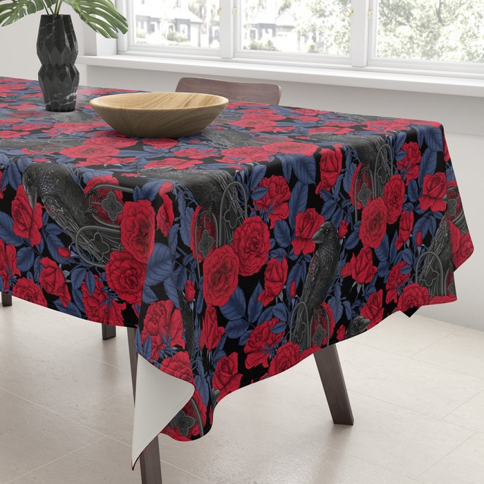 Ravens and red roses with blue leaves Tablecloth Gallery Image 3