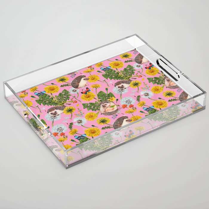 Dandelion Flowers with hedgehogs - pink Acrylic Tray Gallery Image 1