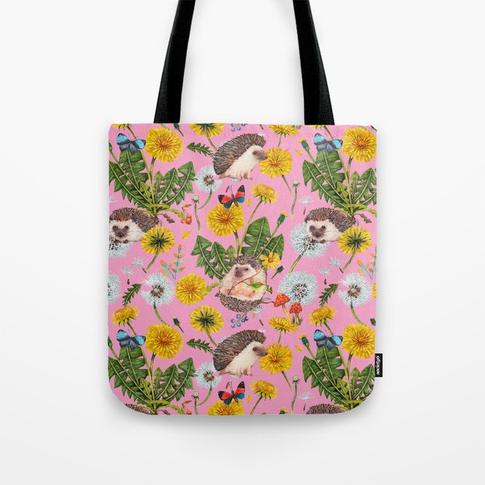 Dandelion Flowers with hedgehogs - pink Tote Bag Gallery Image 1