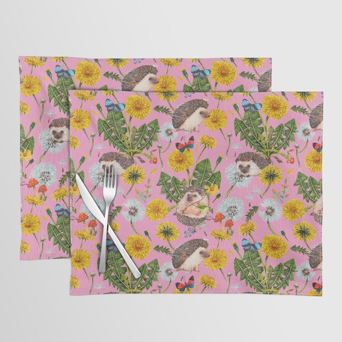 Dandelion Flowers with hedgehogs - pink Placemat Gallery Image 1