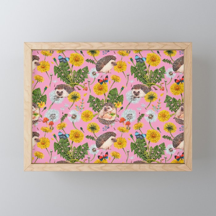 Dandelion Flowers with hedgehogs - pink Mini Art Print Gallery Image 1