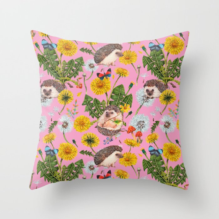 Dandelion Flowers with hedgehogs - pink Throw Pillow Gallery Image 6