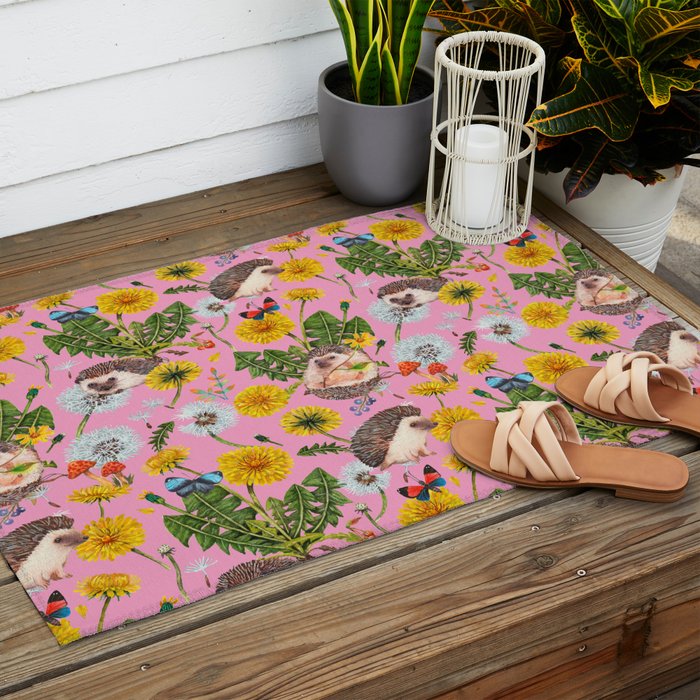 Dandelion Flowers with hedgehogs - pink Outdoor Rug Gallery Image 2