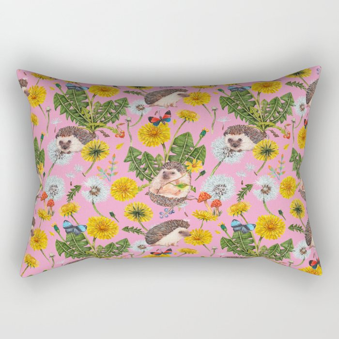 Dandelion Flowers with hedgehogs - pink Rectangular Pillow Gallery Image 1