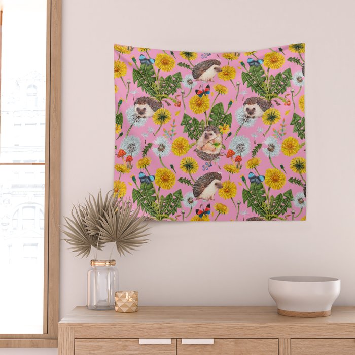 Dandelion Flowers with hedgehogs - pink Wall Tapestry Gallery Image 2