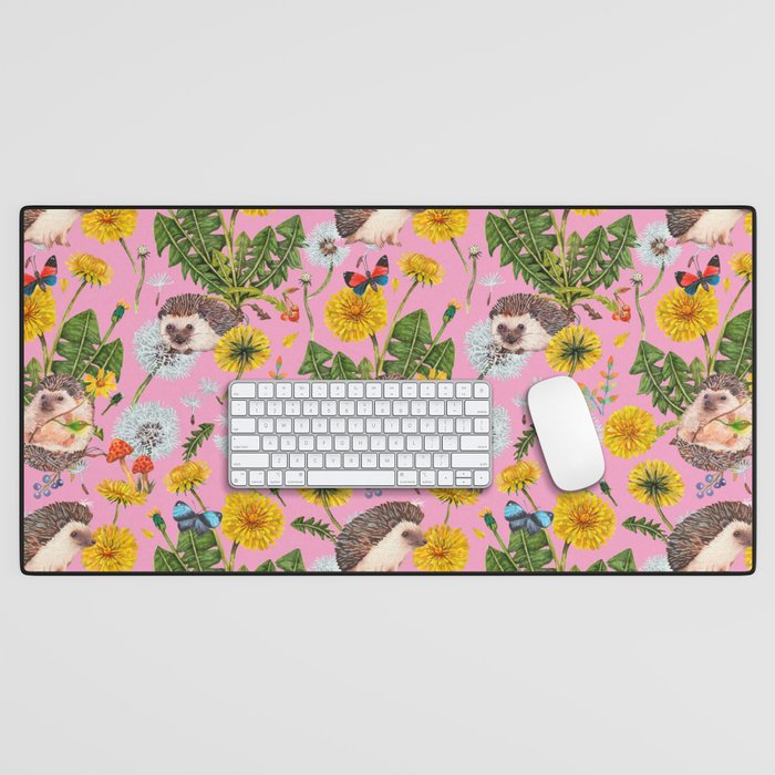 Dandelion Flowers with hedgehogs - pink Desk Mat Gallery Image 1