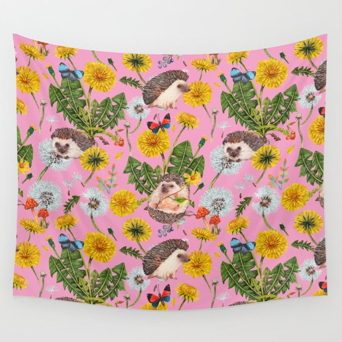 Dandelion Flowers with hedgehogs - pink Wall Tapestry Gallery Image 1