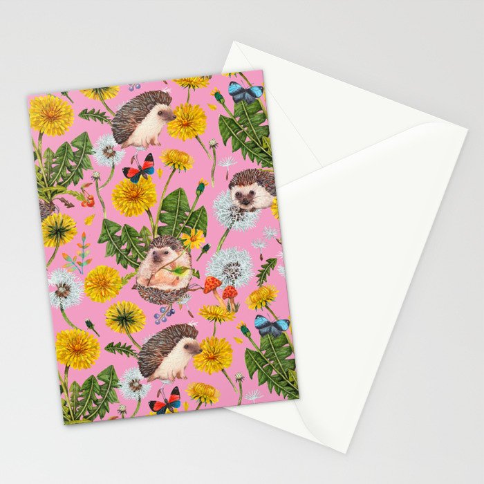 Dandelion Flowers with hedgehogs - pink Stationery Card Gallery Image 2