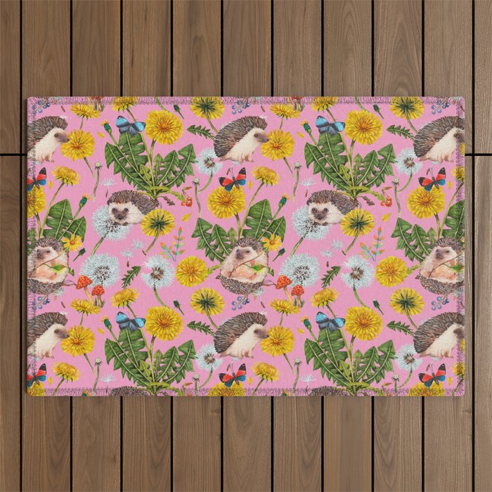 Dandelion Flowers with hedgehogs - pink Outdoor Rug Gallery Image 1