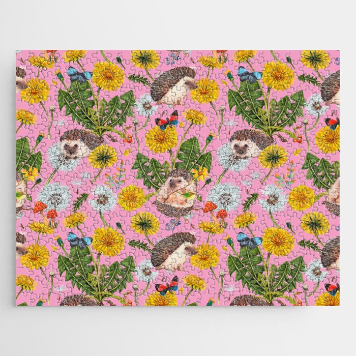 Dandelion Flowers with hedgehogs - pink Jigsaw Puzzle Gallery Image 1