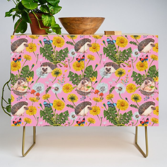 Dandelion Flowers with hedgehogs - pink Credenza Gallery Image 1