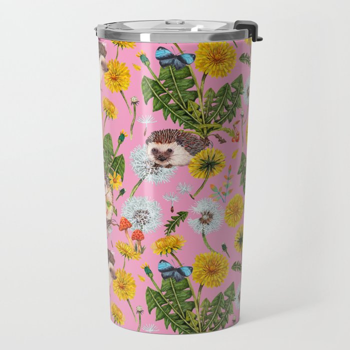 Dandelion Flowers with hedgehogs - pink Travel Mug Gallery Image 2