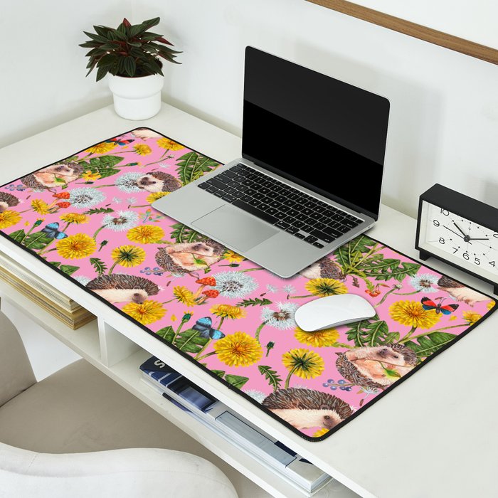 Dandelion Flowers with hedgehogs - pink Desk Mat Gallery Image 2