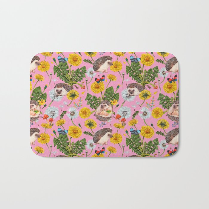Dandelion Flowers with hedgehogs - pink Bath Mat Gallery Image 1