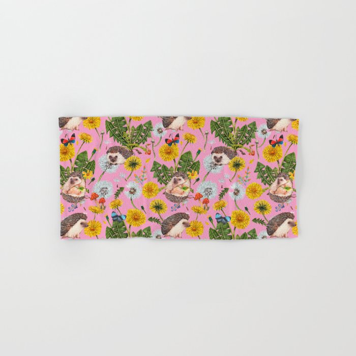 Dandelion Flowers with hedgehogs - pink Bath Towel Gallery Image 1