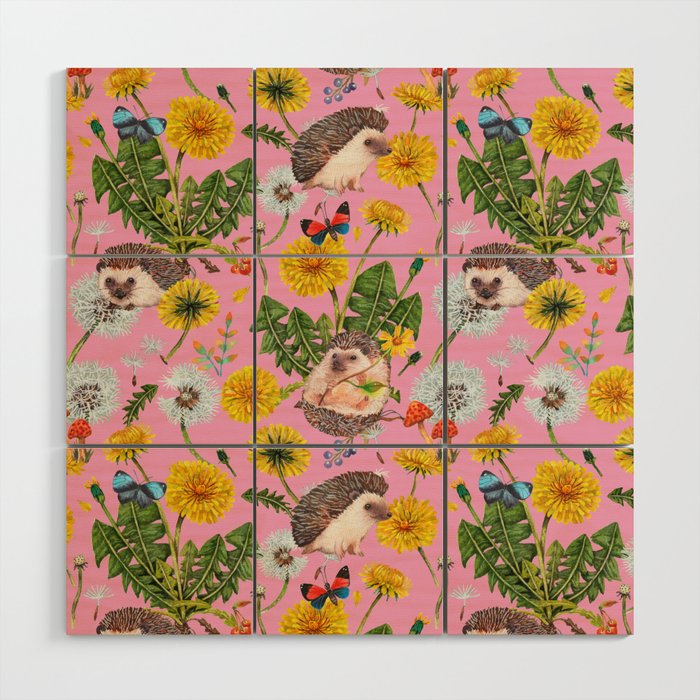 Dandelion Flowers with hedgehogs - pink Wood Wall Art Gallery Image 1