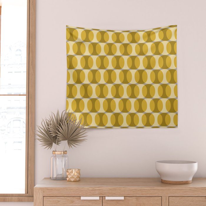 Mid Century Modern Abstract Geometric Spheramod Dot Pattern in Mustard and Gray Wall Tapestry Gallery Image 2