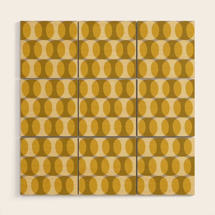 Mid Century Modern Abstract Geometric Spheramod Dot Pattern in Mustard and Gray Wood Wall Art Gallery Image 1