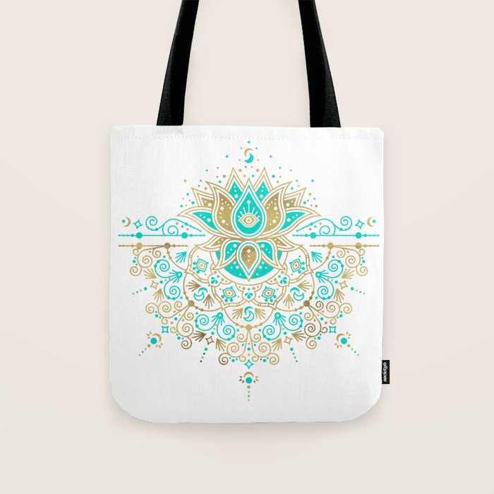 Sacred Lotus Mandala - Turquoise & Gold Palette Tote Bag Gallery Image 1