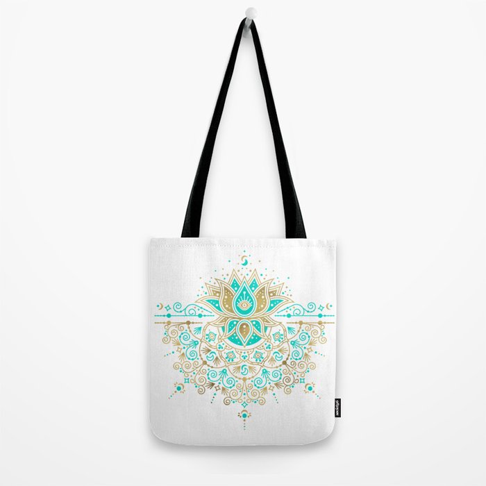 Sacred Lotus Mandala - Turquoise & Gold Palette Tote Bag Gallery Image 2