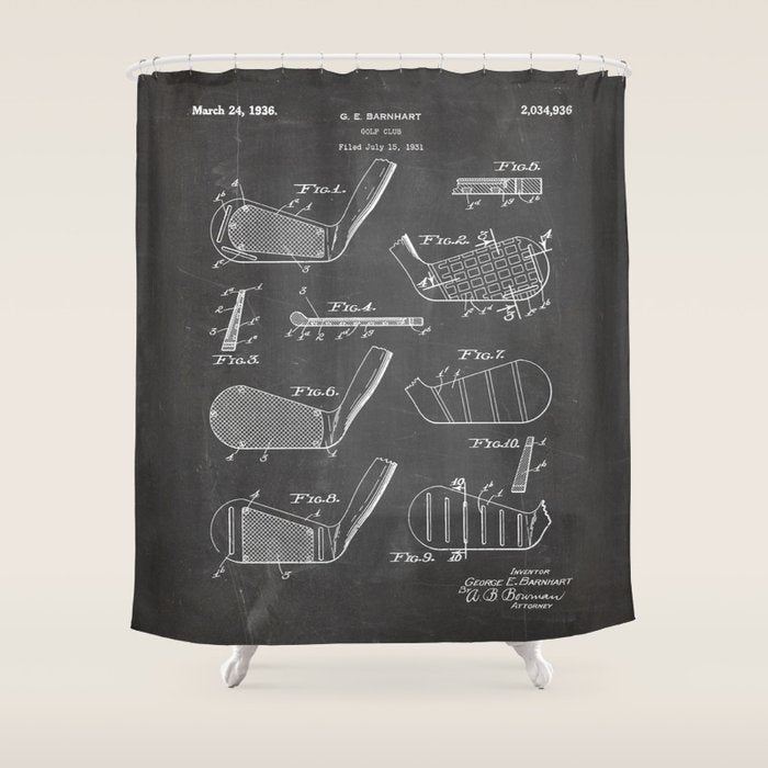 Golf Clubs Patent - Golfing Art - Black Chalkboard Shower Curtain Gallery Image 1